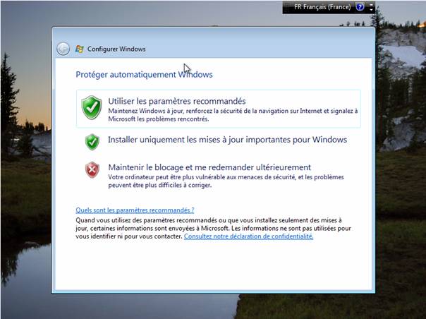 Windows Vista - Installation - Paramètres de sécurité